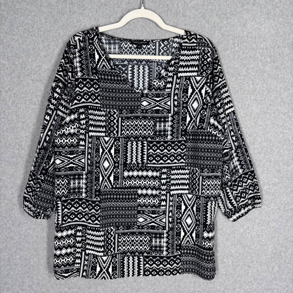 Mario Serrani Blouse‎ Large Black White Patchwork Tribal Ikat Aztec Flowy Thin